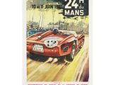 une vieille affiche représentant une voiture de course sur un circuit