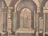 a drawing of a large room with columns and arches