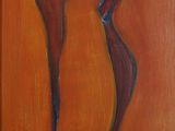 an oil painting of two red flowers on an orange background