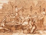 an image of a drawing of a group of people gathered around a table