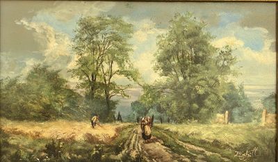 une peinture représentant une calèche tirée par des chevaux sur un chemin de terre