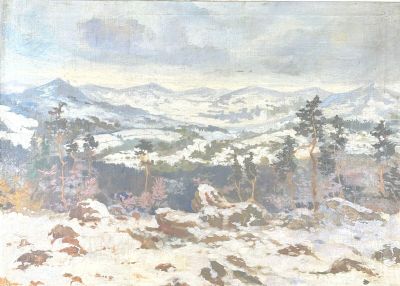 peinture représentant un paysage enneigé avec une chaîne de montagnes en arrière-plan