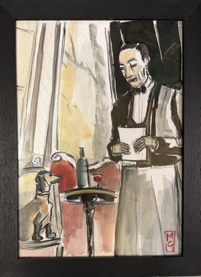 a painting of a man reading a book in a room