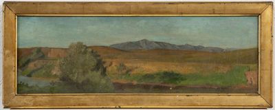 an oil painting of a landscape with mountains in the background