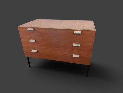 an image of a wooden chest of drawers on a black background