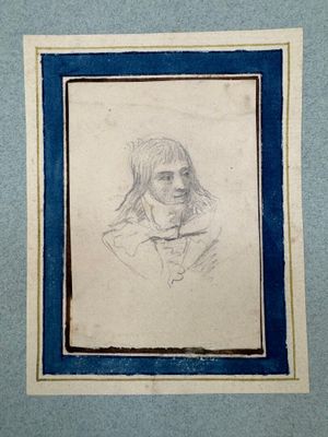 drawing of a woman with long hair in a blue frame