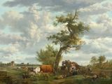a painting of a group of people and animals in a field