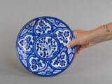 une personne tenant une assiette bleue et blanche à la main