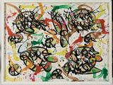 abstract painting of various colors and shapes in a white frame