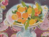 a painting of a bowl of oranges on a table