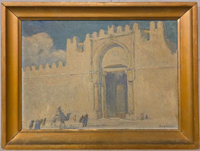 une image représentant un tableau sur lequel on voit un bâtiment avec des personnes qui marchent devant