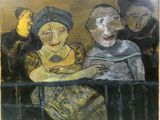 une peinture à l'huile représentant trois personnes assises à une table en compagnie d'un chien