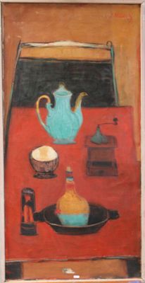 a painting of a teapot and a plate of food on a table