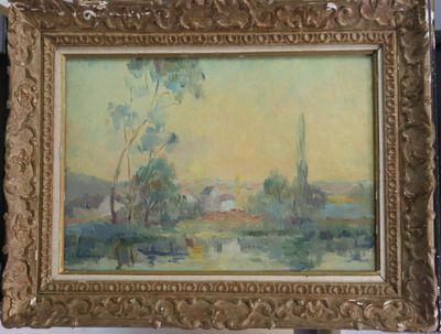 une image d'un tableau représentant un paysage dans un cadre doré