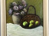 a painting of a basket of apples and flowers on a table
