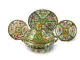 three chinese famille dishes and a saucer and cover