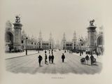 a black and white photo of people walking down the street