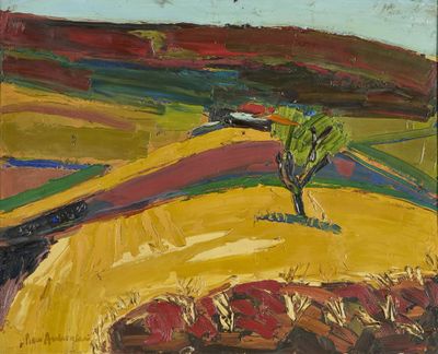 une peinture à l'huile représentant un champ jaune avec un arbre solitaire au loin