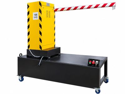 a yellow and black barrier with a red and white striped barrier