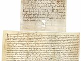 deux pages d’un manuscrit comportant des inscriptions et une feuille de papier comportant des inscriptions