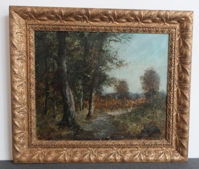 an oil painting of a wooded scene with trees and a path
