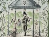 a drawing of a man and a woman playing music in a gazebo