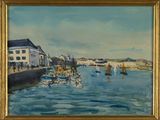 a painting of a harbor scene with boats in the water