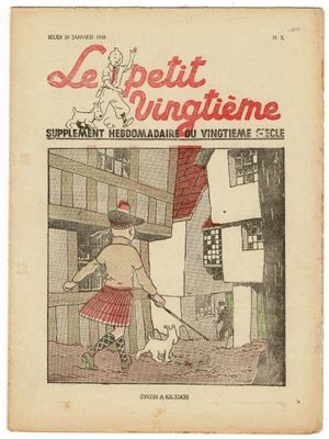 un vieux livre sur lequel figure l'image d'un homme promenant son chien