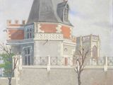 a picture of a painting of a house on the street