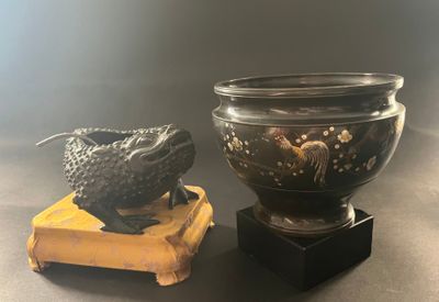 pair of asian vases with dragon heads on wooden bases