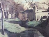 a painting of a small stream running through a park