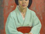 an image of a painting of a woman in a green kimono
