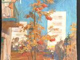 an oil painting of a woman standing on a balcony looking at the sky