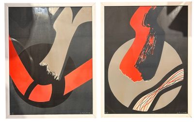 two framed posters of a woman in a red dress and a man in a black suit