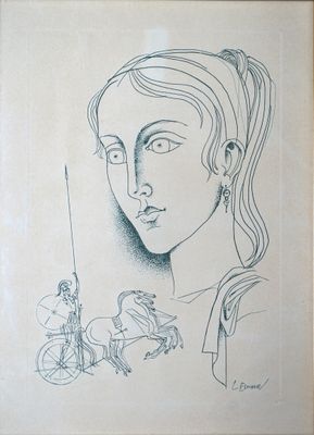 dessin représentant une femme avec une calèche devant elle