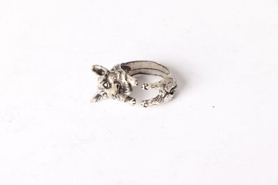 silver ring with a dog on it sitting on a white surface