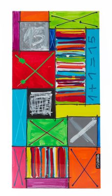 une peinture représentant un bâtiment aux couleurs variées
