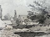 drawing of a landscape with a river and a village