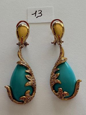 Paire de Pendants d'oreilles en or jaune - rehaussés de moti…