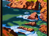 an image of a painting of a rocky coastline with a sailboat in the distance