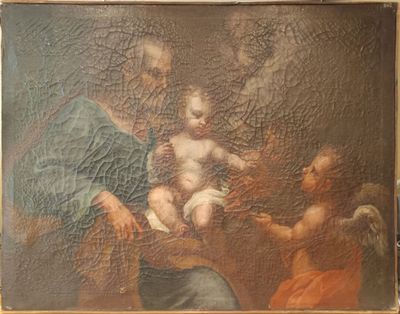 tableau représentant la Vierge à l'Enfant, accompagnée d'un ange et de deux autres anges
