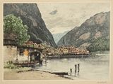 une aquarelle représentant un village au bord d'un lac