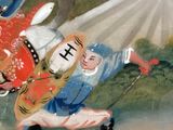a painting of a man riding a horse with a woman on it