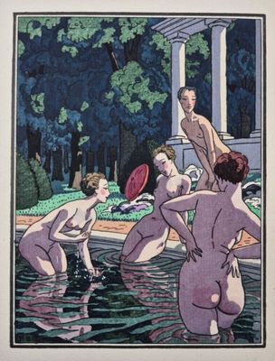 une image représentant un tableau où l'on voit un groupe de personnes nues s'amusant dans une piscine