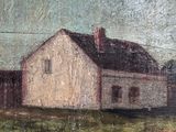an oil painting of a white house in a field with trees in the background