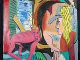 tableau représentant une femme avec un chat et un homme en ville