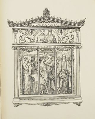 an old book with a drawing of a group of people inside of it