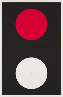 une affiche en noir et blanc avec un point rouge et un cercle blanc