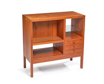an image of a wooden bookcase with two drawers and a glass shelf