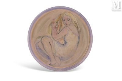 a picture of a painting of a woman sitting on a plate